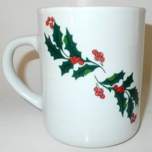 Green Holly Leaves Red Berries White Christmas Holiday Mug Collectible